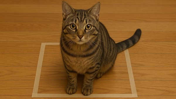 床に貼られたテープの四角の中にちょこんと座るキジトラ猫