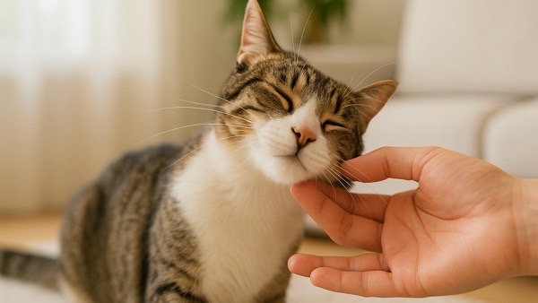 あごの下を優しく撫でられて目を細めるキジ白猫。頬・あご・耳の前が“なでOK”のイメージ（明るいリビング）