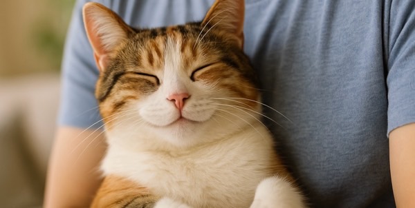 飼い主の腕の中でニコニコ顔の三毛猫。前足をそろえて安心している様子（リビング）