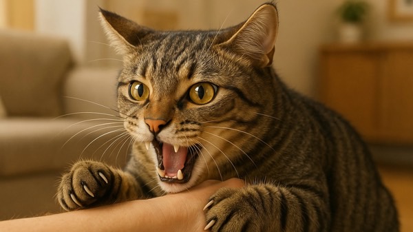 突然攻撃的になり、飼い主の手に噛みつこうとしている猫