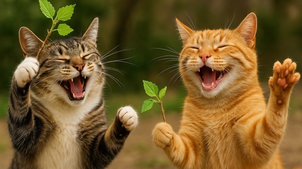 またたびの枝を手に大はしゃぎで盛り上がる二匹の猫