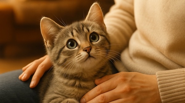 飼い主の膝に抱かれて見上げる表情が愛らしい子猫