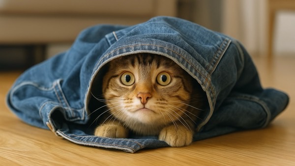 脱ぎ捨てられたジーパンの裾から顔を覗かせ、とぼけた表情をしている猫
