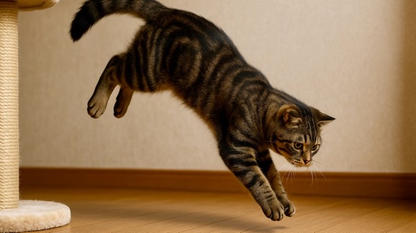 床に軽やかに飛び降りる猫。優れたバランス感覚を表す動きのある瞬間。