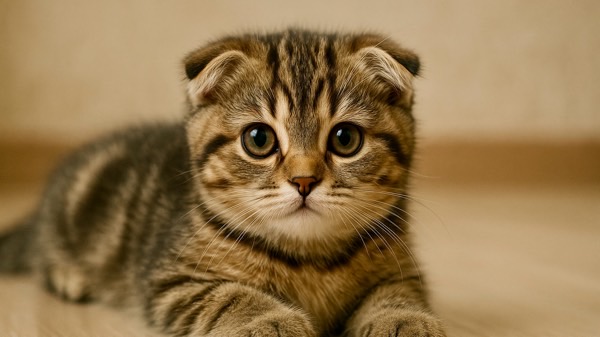 床に伏せて見つめるスコティッシュフォールドの子猫。丸い目と折れた耳が可愛らしい。