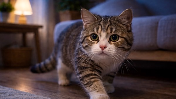 夜の室内でこちらに向かって静かに歩いてくる猫。大きな瞳で警戒しながら近づく猫の表情