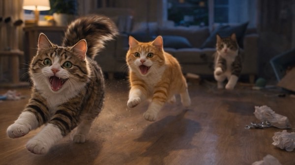 夜のリビングで全力疾走する複数の猫たち。夜中の運動会で走り回る猫の活発な行動