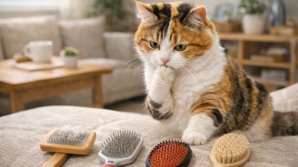 複数のブラシを前に、どれを使うか考えている三毛猫の様子