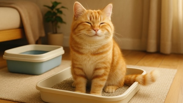 自分に合うトイレを見つけて嬉しそうにしている茶トラ猫。