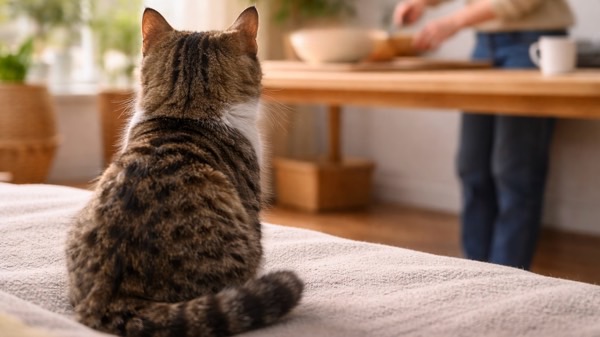 キッチンで料理をする飼い主を、ベッドの上からじっと見つめる猫。飼い主の様子を観察している後ろ姿