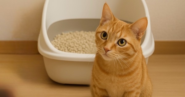 清潔な猫トイレの前に座り、少し首をかしげて見上げる茶トラ猫。真剣なまなざしが可愛らしく、トイレ環境に興味を持っている様子。