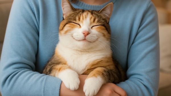 飼い主に優しく抱かれて満足そうに目を細める三毛猫。安心しきった表情が可愛い。