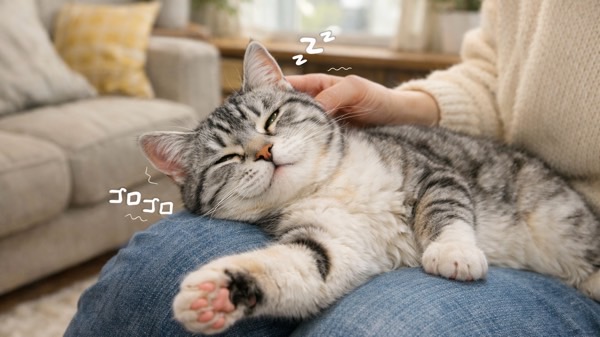 ブラッシング中にリラックスして膝の上で眠そうな表情を見せる猫