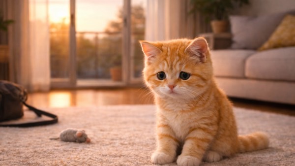 夕方のリビングでひとりポツンと座る子猫とネズミのおもちゃ。お留守番中に少し寂しそうな表情を見せる猫