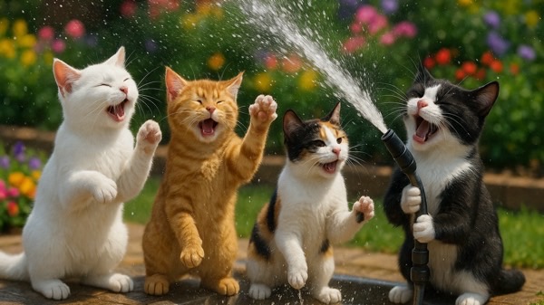 カラフルな花が咲く庭で、ホースの水しぶきに向かって大はしゃぎする4匹の猫たちの楽しげな姿。