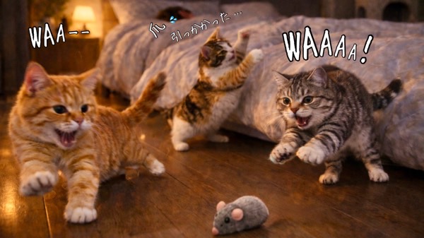 寝室の床で一斉に走り出す猫たち。夜中に突然始まる猫の大運動会の騒がしい様子