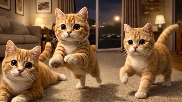 夕方の室内で元気いっぱいに走り出す子猫たち。薄明薄暮性の猫が活発になる時間帯の様子。