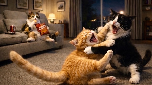 夜のリビングで取っ組み合いをして遊ぶ2匹の猫と、ソファでおやつを食べながら見守る猫。真夜中の猫の運動会の様子