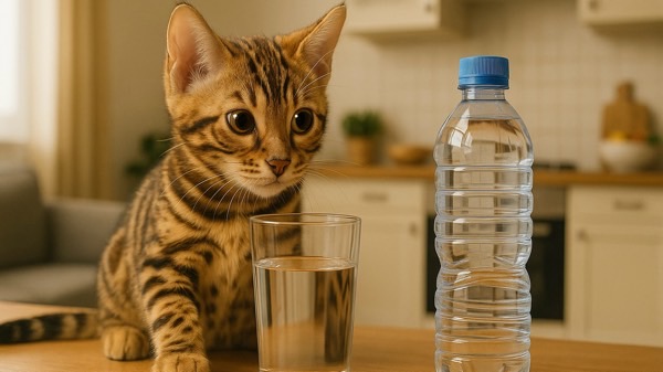 ペットボトルとコップの水をじっと見つめているベンガル子猫の、興味津々な表情が可愛い画像。