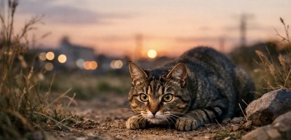 夕方の薄暗い時間帯に獲物を狙う猫。薄明薄暮性の本能がよく表れている様子。