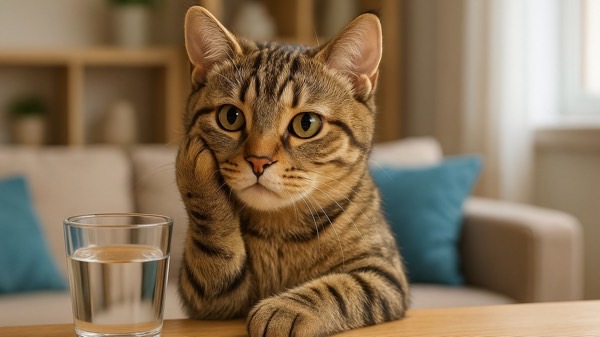 テーブルの上のコップの水を前に、片手でほおづえをつきながら考えごとをしている可愛い表情の猫。