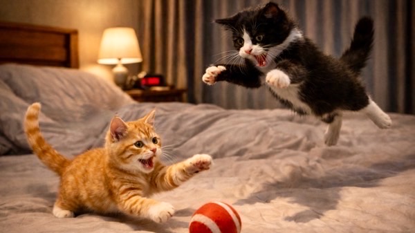 ベッドの上でボールを追いかけながらジャンプして遊ぶ子猫たち。夜中にテンションが上がって走り回る猫の行動