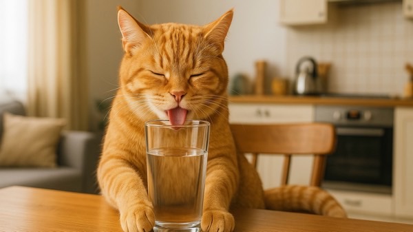 テーブルの上で、コップの水を美味しそうに飲む茶トラ猫が可愛らしく描かれたシーン。