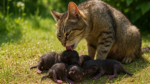 明るい庭で産まれたばかりの仔猫を優しく舐めて世話をする母猫。新生児の子猫たちの健康を気遣う自然な母性の場面