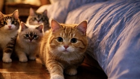 夜の寝室でベッドの下からこちらに近づいてくる猫たち。人が寝たあとに集まってくる猫の様子