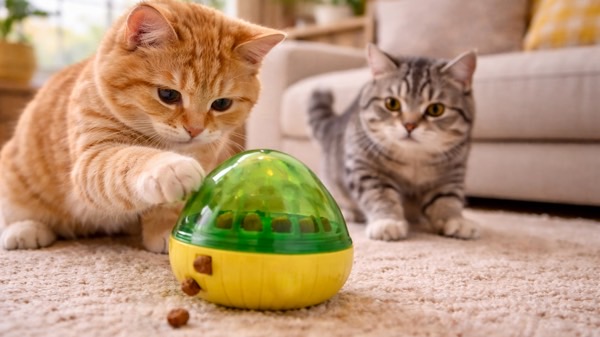 知育トイから出てくるフードを真剣な表情で狙う猫たち。お留守番中の猫の退屈対策になる知育おもちゃ