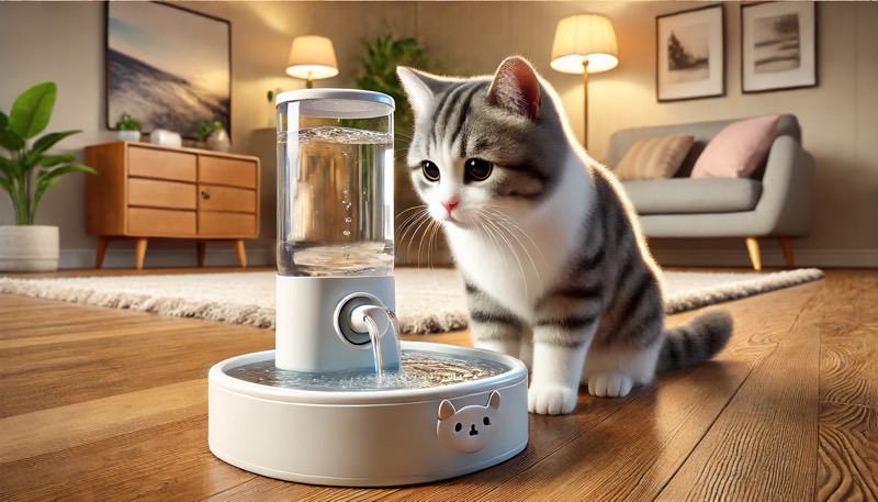 給水機を見つめる猫