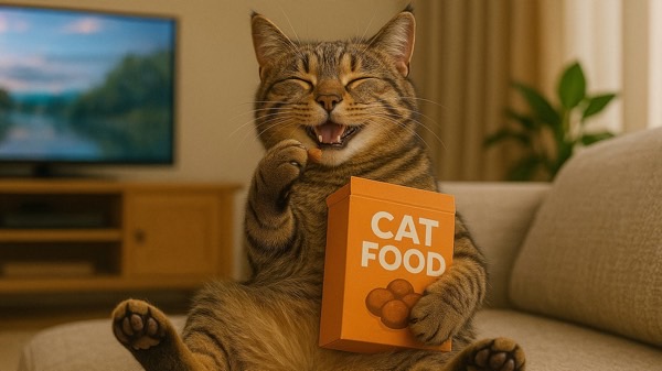 おやつの箱を抱えて満足そうに微笑む猫。食後のリラックスタイムを楽しむ様子