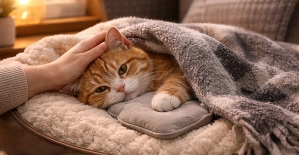 毛布に包まれ、飼い主に優しく撫でられて体を温めてもらう猫。低体温症時の正しい保温対応のイメージ