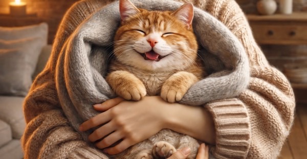 毛布に包まれ、飼い主に抱っこされて安心した表情を見せる猫。低体温症対策は体を冷やさないことが大切であることを表している