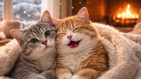 暖かい室内で寄り添い、安心した表情を見せる猫たち。寒さ対策によって低体温症を予防できることを表している