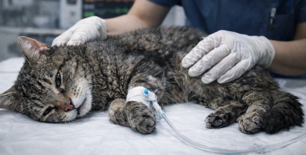 動物病院で点滴を受ける衰弱した猫。重度の低体温症では獣医師による早急な治療が必要であることを示す