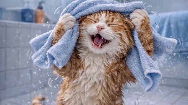 冬のシャンプー後、一生懸命タオルで体を拭いている濡れた猫。乾燥不足による低体温症の危険性を表している