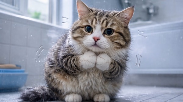 お風呂場で体が濡れ、寒さに耐える猫。水分と冷気が重なることで体温が急激に下がる状況を示す