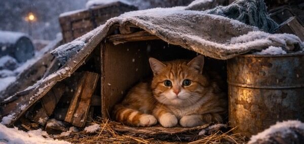 雪と冷たい風を防ぐため、廃材の中で丸くなって寒さをしのぐ野良猫。冬の屋外で体温が奪われやすい状況