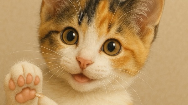 ピンク色の肉球（掌球）指さしながらこちらを見る三毛子猫。つぶらな瞳と柔らかい毛並みが愛らしい。