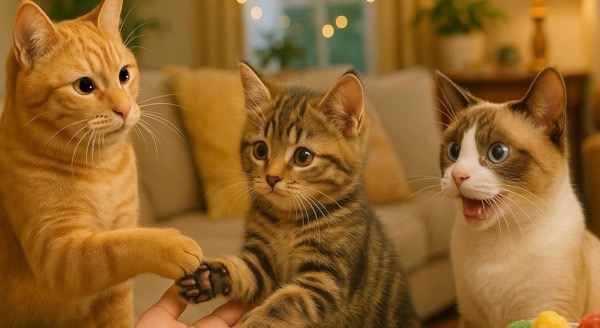 肉球を飼い主に見せている猫たち。肉球のカラー診断を聞いて驚く表情がユニーク