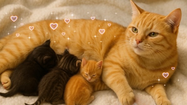 優しく穏やかな表情で仔猫に寄り添っている茶トラの母猫と授乳中の子猫たち。