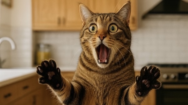 キッチンで予想外の音に驚き、両前足を広げて口を開けたまま固まっている猫。大きな音に敏感に反応している瞬間。