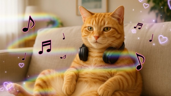 ヘッドホンを首にかけてソファでくつろぎながら音楽を楽しむ茶トラ猫が、うっとりとした表情を浮かべている様子。