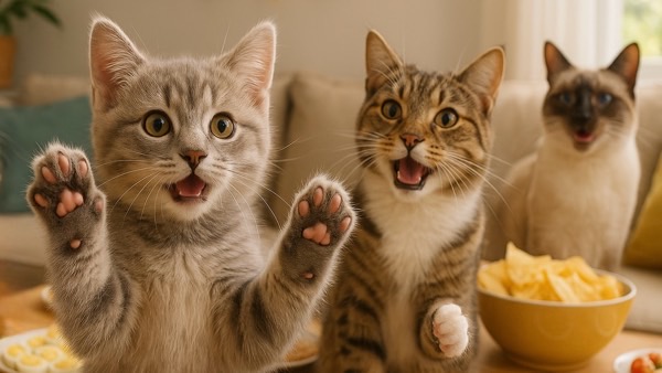 前足を広げて驚く灰色子猫と、一緒にびっくりした顔をする猫たち。映画を見て盛り上がっているような人間味あふれる表情