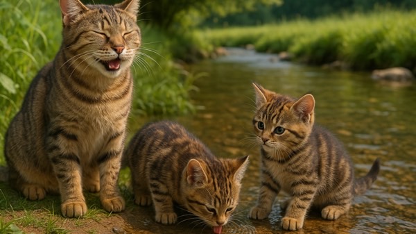 自然の小川のほとりで、親猫と2匹の子猫が水辺を楽しみながら穏やかに過ごしている様子。