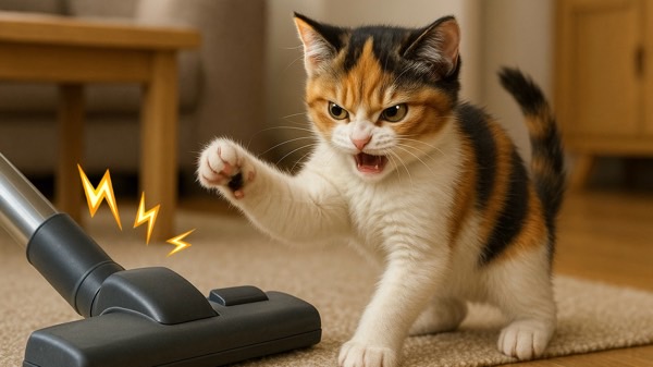 掃除機に向かって怒りの声をあげながら前足で叩こうとしている三毛猫。苦手な音に対する警戒心が伝わる様子。