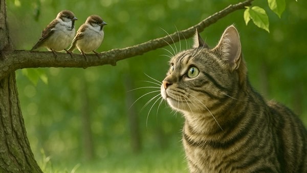 木の枝にとまる2羽の小鳥を見上げながら、興味津々で耳を立てているキジトラ猫。