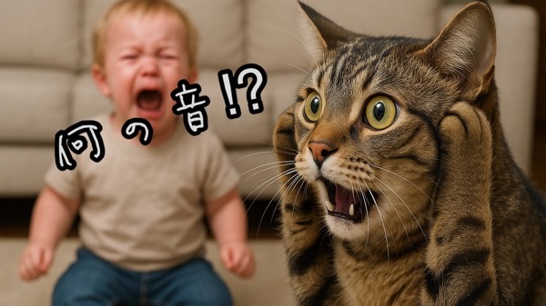 泣いている赤ちゃんの大きな声に驚き、耳を押さえて目を見開く猫。突然の泣き声に混乱する様子がコミカルに表現されている。