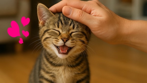 飼い主に頭を撫でられて目を細め、満面の笑顔で喜んでいるキジトラの子猫。